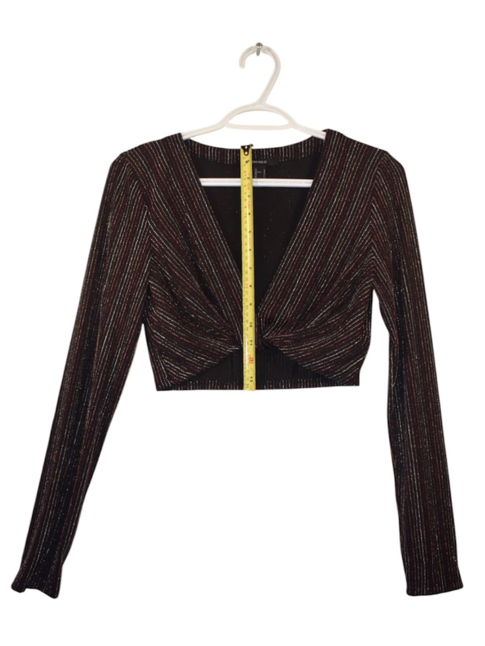 Forever 21 Black Glitter Stripe Twist-Front Long Sleeve Crop Top - Picture 4 of 7